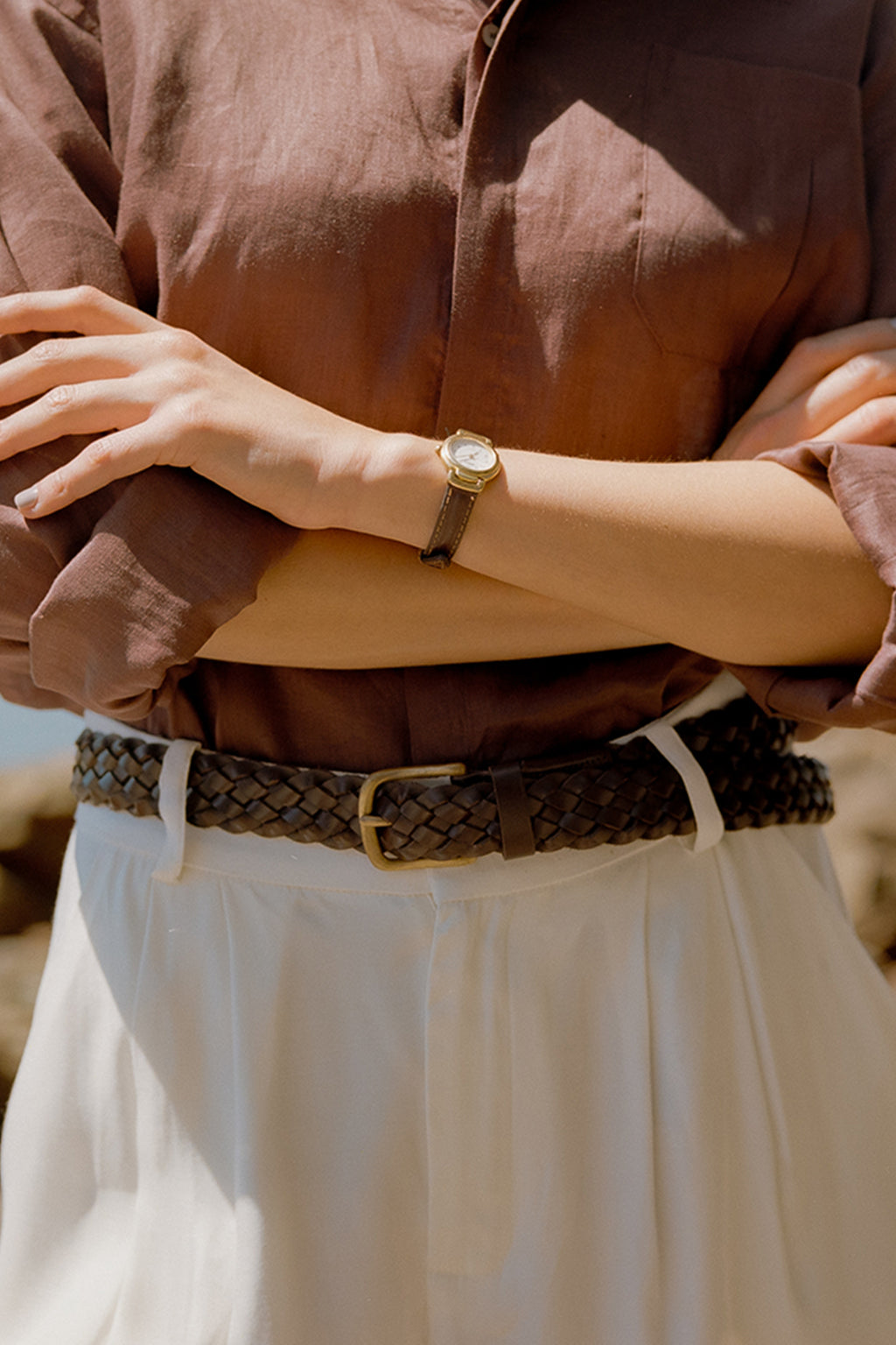 Geflochtener Gürtel aus 100 % Leder, Kaffee-Braun